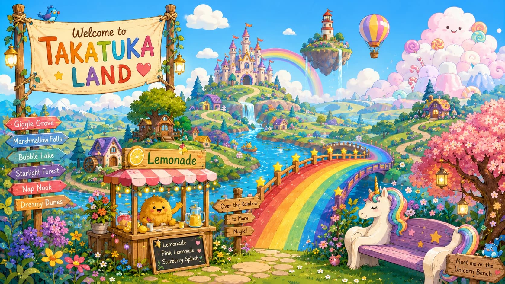 A painted map of Takatuka Land: a rainbow bridge over a sparkling river, a lemonade stand with a yellow roof, a meadow of giggling flowers, a pink tree full of lanterns, and a castle on a hill.