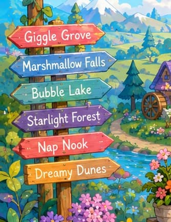 A wooden signpost standing in the grass with painted arrows pointing six different ways.