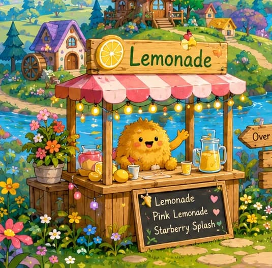 Tako behind the counter of his lemonade stand, waving